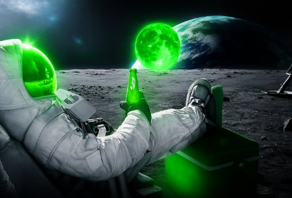 Astronaut on Moon Surface with Green Moonbag