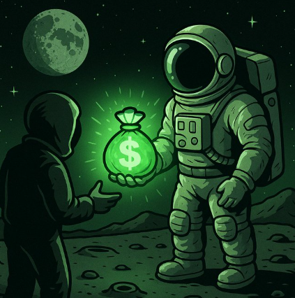 Astronauts Sharing Moonbag on Moon Surface